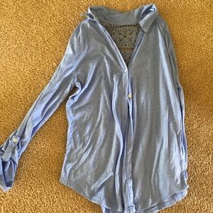 periwinkle button up shirt w/ lace detailing